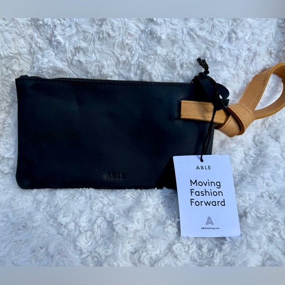 Able Handbags - NWT Able Rachel Black Leather Wristlet Clutch with Tan Strap